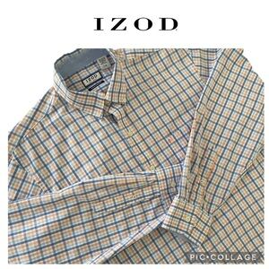 Izod men Premium Essentials orange blue plaid long sleeve shirt size L